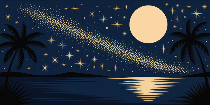 Tropical night beach with full moon reflection, palm trees silhouette and starry sky in retro vintage halftone illustration