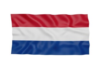 Obraz premium Flag of the netherlands waving in the wind, a tricolor flag with red, white, and dark blue horizontal stripes isolated on white background