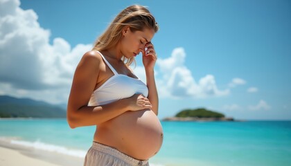Obraz premium Pregnant woman feels sick on hot beach near blue ocean. She holds belly, rubs forehead. Summer vacation hazard, heat exhaustion risk. Expecting mom needs care.