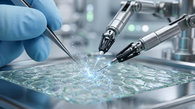A scientist uses robotic arms and precision tools in a laboratory to test blue medical gel on glass, representing biotechnology, microfluidics, and advanced lab automation.