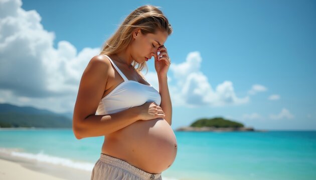 Pregnant woman feels sick on hot beach near blue ocean. She holds belly, rubs forehead. Summer vacation hazard, heat exhaustion risk. Expecting mom needs care.