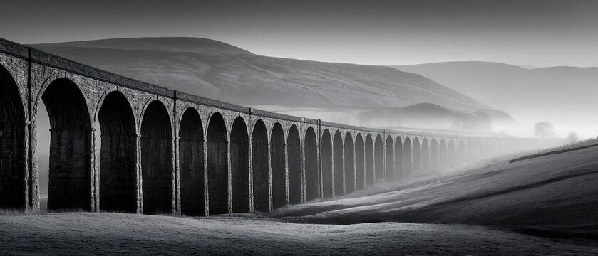 ancient stone viaduct in misty mountain landscape black and white
