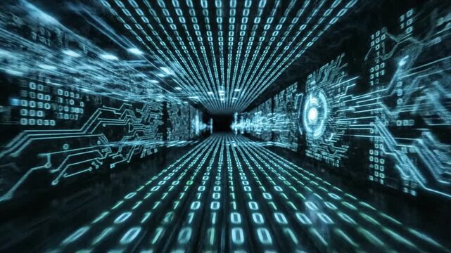 Abstract digital tunnel dynamic binary code flowing through virtual space