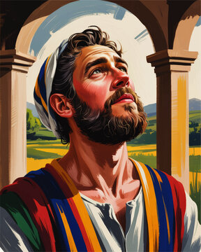Colorful biblical man looking up in prayer under archway, spiritual faith illustration, bearded figure in robe, inspirational art