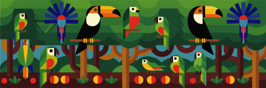 Colorful tropical birds and toucans in geometric flat vector rainforest illustration, seamless jungle background for kids and decor