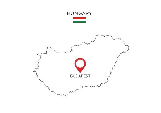 Map of hungary with capital city budapest marked with a red location pin icon, vector illustration isolated on white background