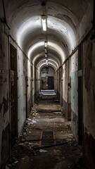 Fototapeta premium Abandoned prison corridor with arches.