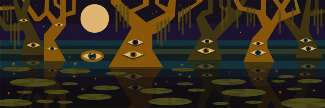 Surreal swamp forest at night with mystical all seeing eyes on trees, full moon reflection and lily pads in dark enchanted water