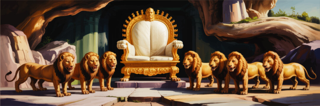 Majestic golden throne guarded by lions in ancient cave, fantasy royal kingdom illustration, leadership and power concept art