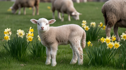 Obraz premium Sheep grazing peacefully in green meadow representing agriculture, farming lifestyle, and rural economy for nature and farm themed content 