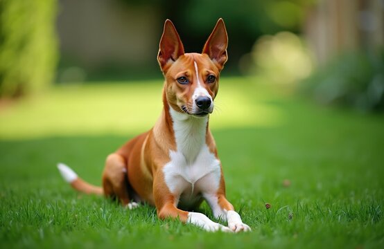 Tan and white Basenji dog rests on rich green grass. This African breed has erect ears and alert expression. Dog sits calmly in a garden during daytime.