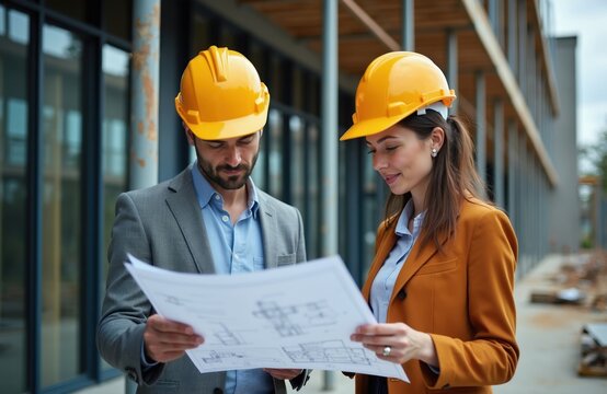 Two architects in hard hats examine blueprints at a construction site. They collaborate on a new building project reviewing plans and ensuring quality control for residential or commercial structures.