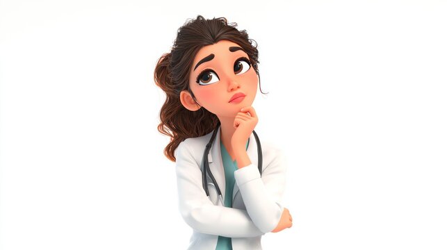  Contemplative Female Doctor: 3D Cartoon Character in White Coat Posing Thoughtfully &mdash; Medical Professional Illustration