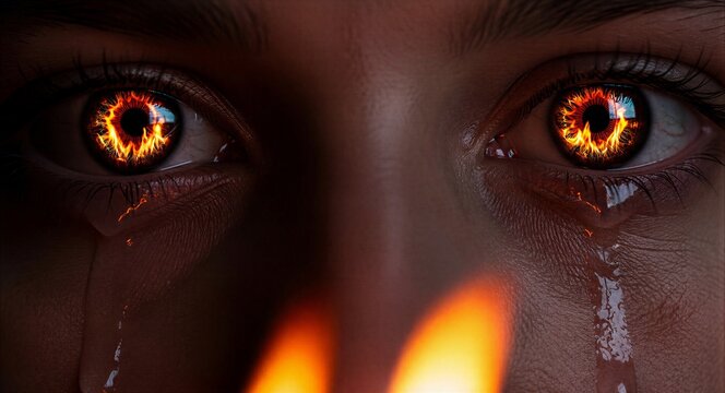 A close-up view of person's eyes with a fiery appearance and tears rolling down