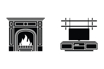 Fototapeta premium Modern tv stand and fireplace icon set with flat screen fireplace interior