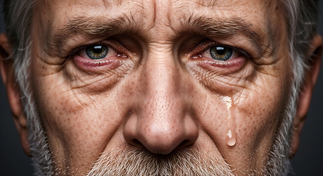Close-up of sad old man with tearful eyes and detailed aged skin. His profound sad old man expression portrays deep sorrow and human vulnerability.