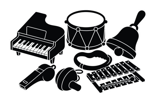 Musical instruments collection: piano drum bell xylophone whistle maraca