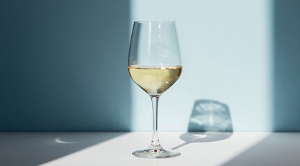 Naklejka premium Glass of white wine with soft shadows. Refreshing drink for celebration. Elegant beverage for wine tasting event. Enjoy crisp flavor and aroma.