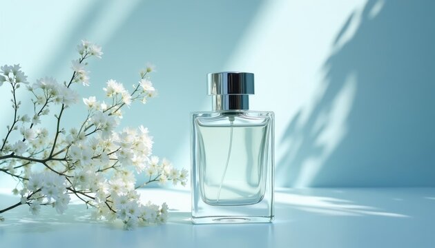 Clear glass perfume bottle sits beside white floral branches. Soft light casts leaf shadows on blue background. Clean aesthetic captures luxury and freshness, hinting at delicate fragrance.