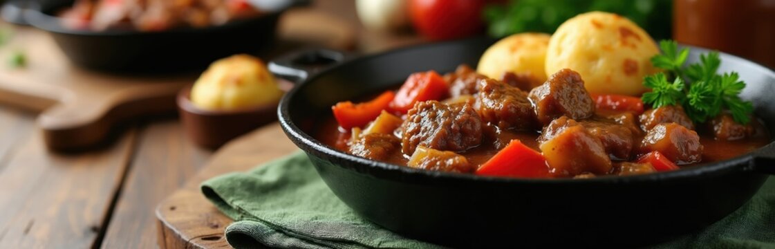 Hearty venison goulash served in a cast iron pan with dumplings and fresh parsley garnish. Rich, savory stew with tender meat and vegetables, perfect for a cozy meal.