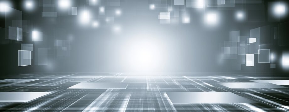 abstract background featuring a bright, central light source against a cool gray and white palette numerous glowing squares and rectangular outlines are scattered across the top and side Generative AI