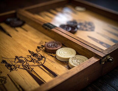 A wooden backgammon board with game pieces