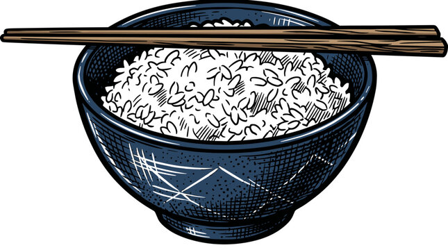 Vector Pinocut A bowl of cooked rice with chopsticks resting on top, capturing the essence of a simple yet satisfying meal.