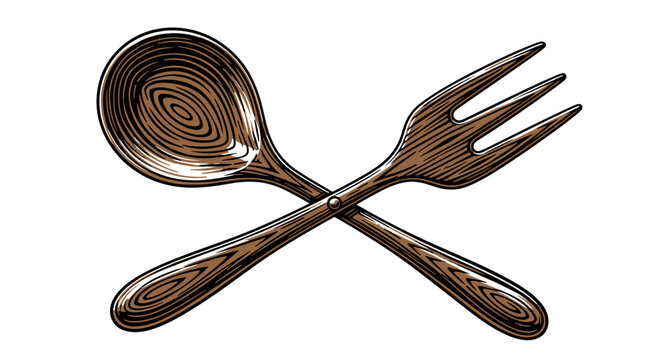 Vector Pinocut Wooden spoon and fork crossed in vintage illustration