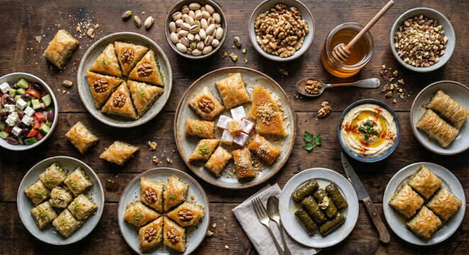 baklava. Assorted baklava and traditional Middle Eastern desserts arranged on wooden table with nuts, honey, and fresh salad in bowls, showcasing rich textures and vibrant colors