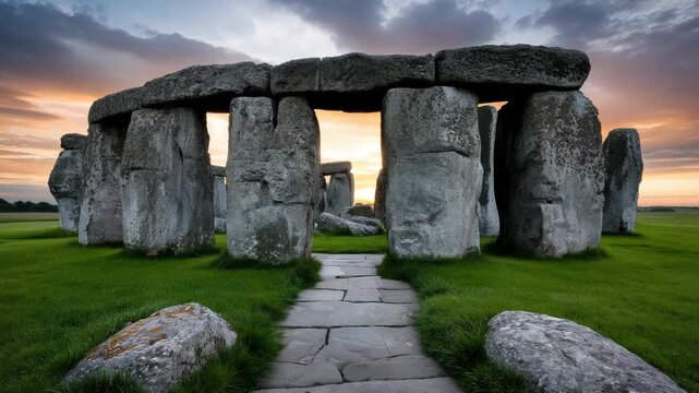 Stonehenge monolithic stones standing against the glowing sun during sunrise, marking the summer solstice or an ancient astronomical alignment, surrounded by green grass and a dramatic sky