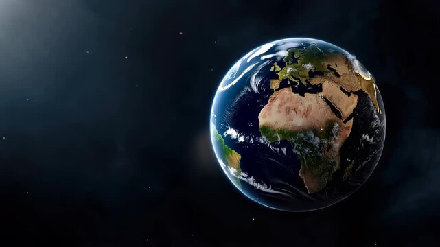Earth experiencing winter and summer solstices, demonstrating day and night cycles, with city lights illuminating the world at dusk and dawn in space