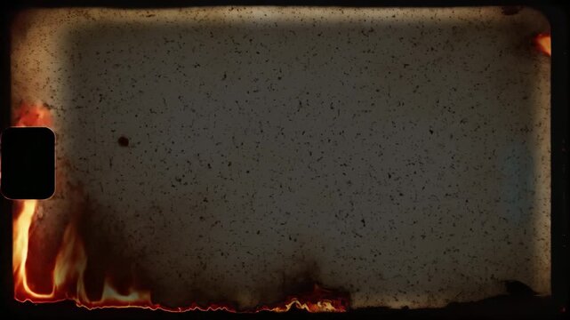 Vintage film frame with fire burns, scratches, and grain. Apple ProRes 4444 transparent overlay with alpha channel for professional VFX, compositing, and motion graphics design.