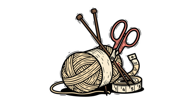 Vector Pinocut A close-up view of crafting supplies, including yarn, scissors, a tape measure, and knitting needles.