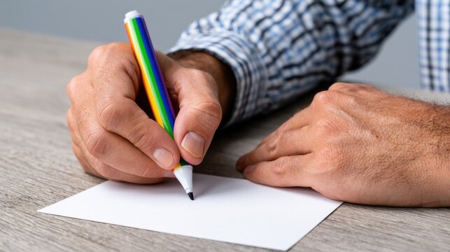 Hand of a person holding a rainbow-colored marker writing on a blank sheet of paper on a wooden table, showcasing creativity and expression during Pride Month