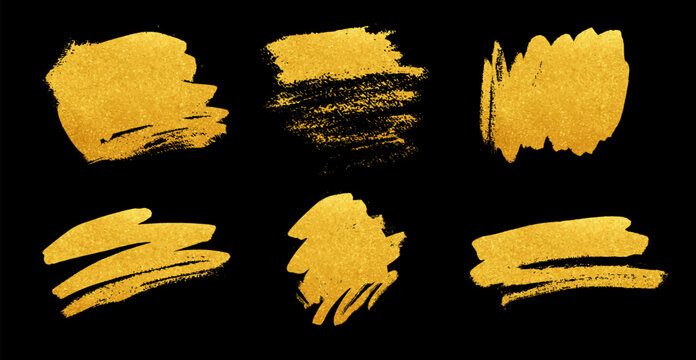 Vector hand-drawn gold paint scratches. Lottery scratch and win tickets design. Various shapes grungy casino gambling card elements. Golden brush stroke scribble textures isolated on black background