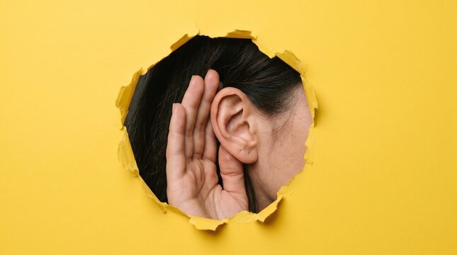 Close-up of a woman's ear and hand through a torn hole in the paper. Yellow background, copy space. The concept of eavesdropping, espionage, gossip and tabloids.