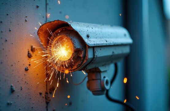 Damaged security camera sparks with bright orange glow. Surveillance equipment malfunctions, sending out sparks. Technology failure, broken system, electrical hazard.