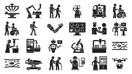 Fototapeta premium Medical Robotics and Healthcare Technology Icon Set Showing Robots, Automation, Telemedicine and Elderly Care