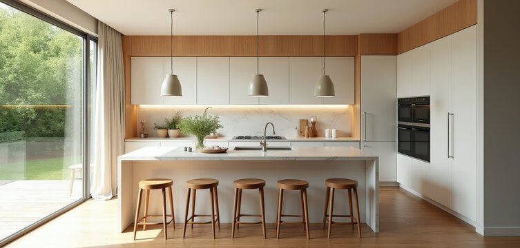 Modern white kitchen with island and wood accents. Large window shows green garden view. Minimalist design with clean lines and sleek appliances. Bar stools at island.