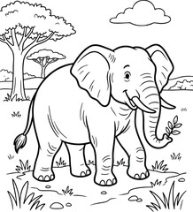 Fototapeta premium Cute elephant in African savanna landscape coloring page for kids, funny cartoon wild animal outline illustration.