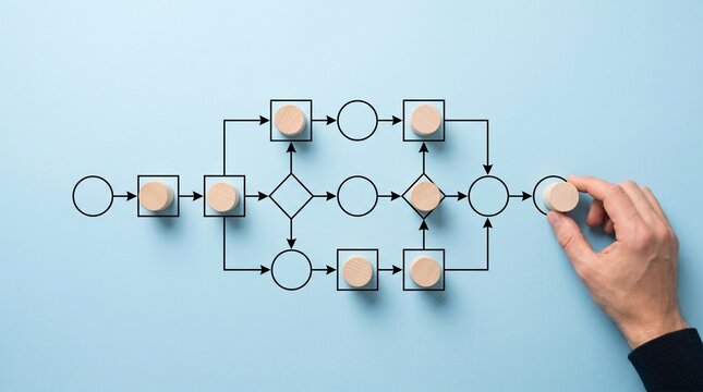 Business process management and automation concept with person moving wooden pieces on flowchart diagram. Workflow implementation to improve productivity and efficiency. Management and organization.