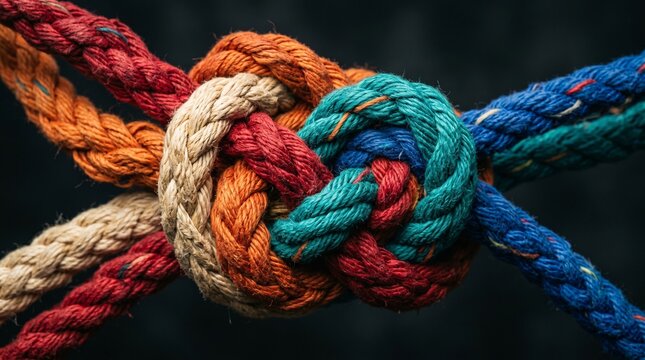 Team rope diverse strength connect partnership together teamwork unity communicate support. Strong diverse network rope team concept integrate braid color background cooperation empower