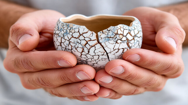 Hands holding a cracked ceramic bowl with intricate patterns, showcasing the delicate craftsmanship and visible imperfections in a neutral background setting. sustainability idea