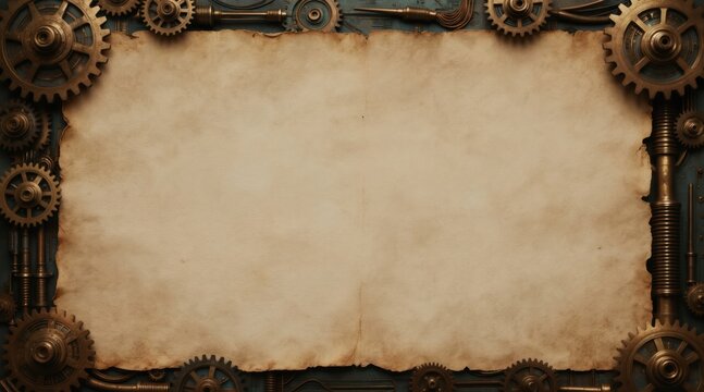 Old scroll with mechanical gears and pipes frame. Steampunk industrial background with brass elements and textures. Vintage tech design for retro concept.