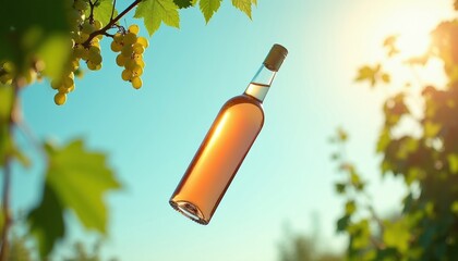 Naklejka premium Bottle of rose wine floats near grape vine. Sunlight shines on glass beverage. Green leaves frame clear sky background. Perfect for winery ads.