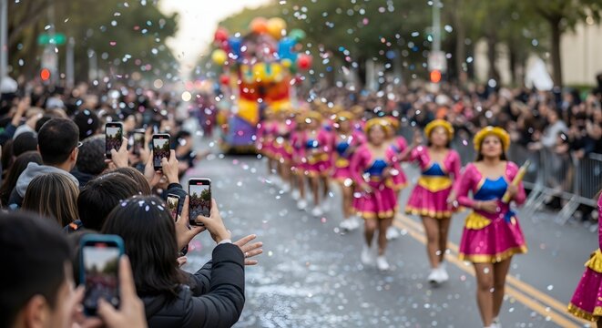 A lively parade featuring performers, spectators, and colorful floats