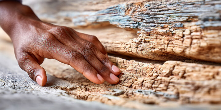 tactile trend. Close-up of a dark-skinned hand gently touching the textured surface of weathered wood, showcasing the natural patterns and details of the material