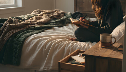 Young Woman Writing in Journal on Cozy Bed
