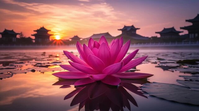 Pink Lotus Flower On Lake Reflecting In The Water In Front Of Traditional Building Silhouette Against Beautiful Sunset Used For Peaceful Tranquil Themes