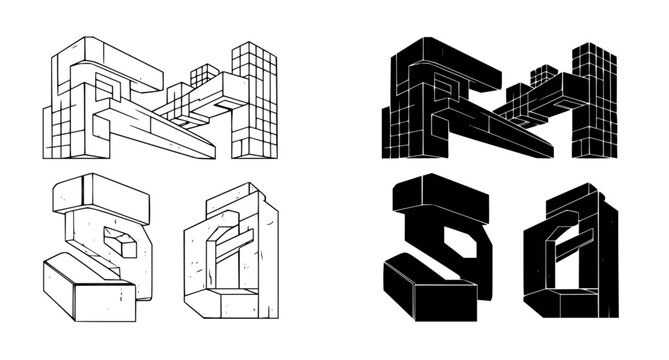 Abstract geometric isometric structures in black and white line art and solid silhouette style for modern architectural design concepts and minimalist graphic elements collection